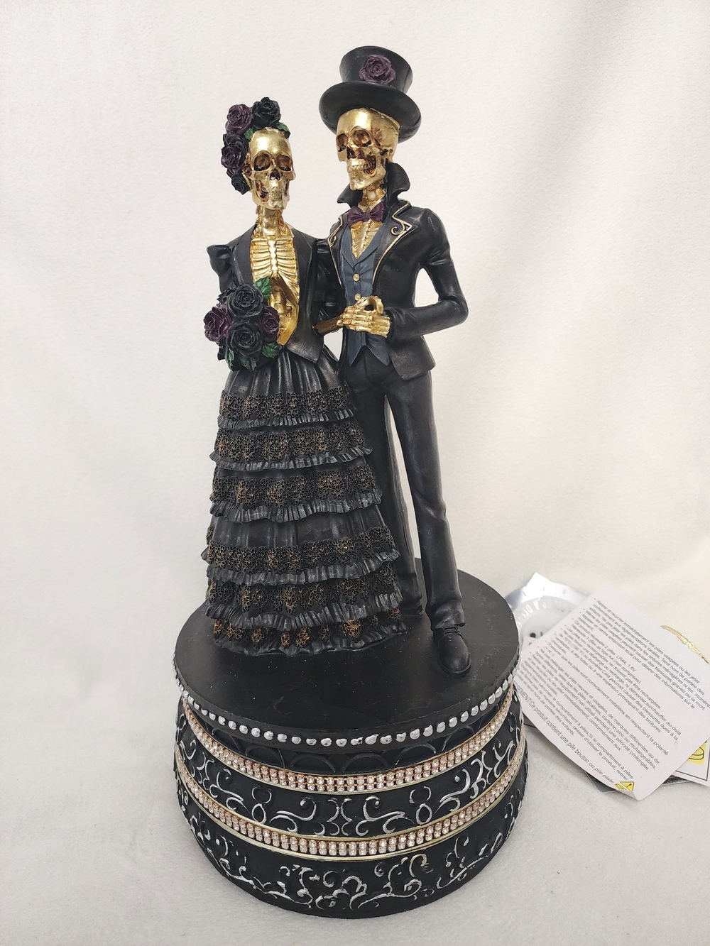 Elegant Black & Gold Skeleton Bride and Groom Figurine - Rotating and Sound